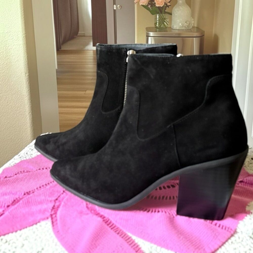 LISA VICKY Key-V Black Split Suede Pointed Toe Block Heel Ankle Boots 10